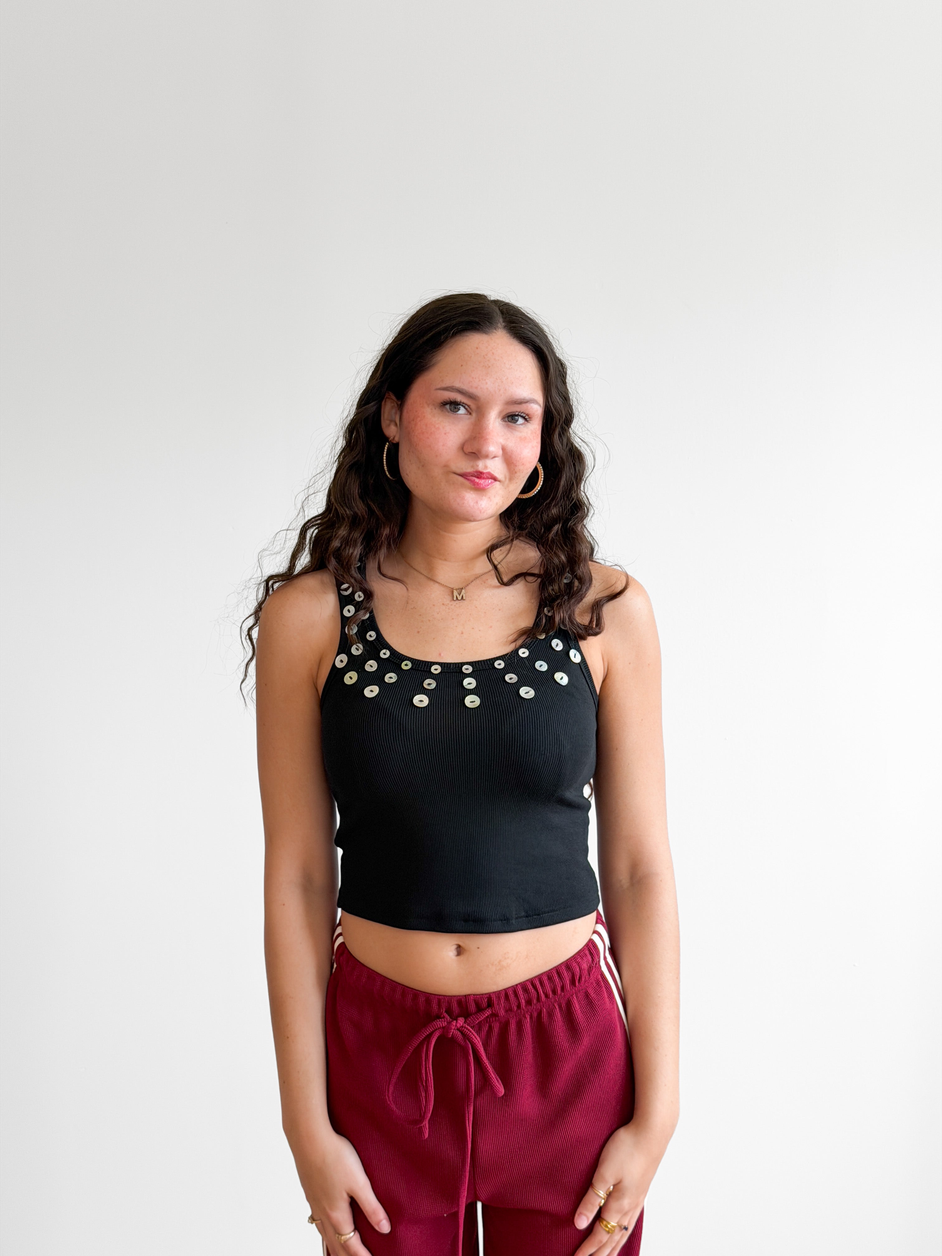 Devin Black Ribbed Knit Button Detail Tank Top