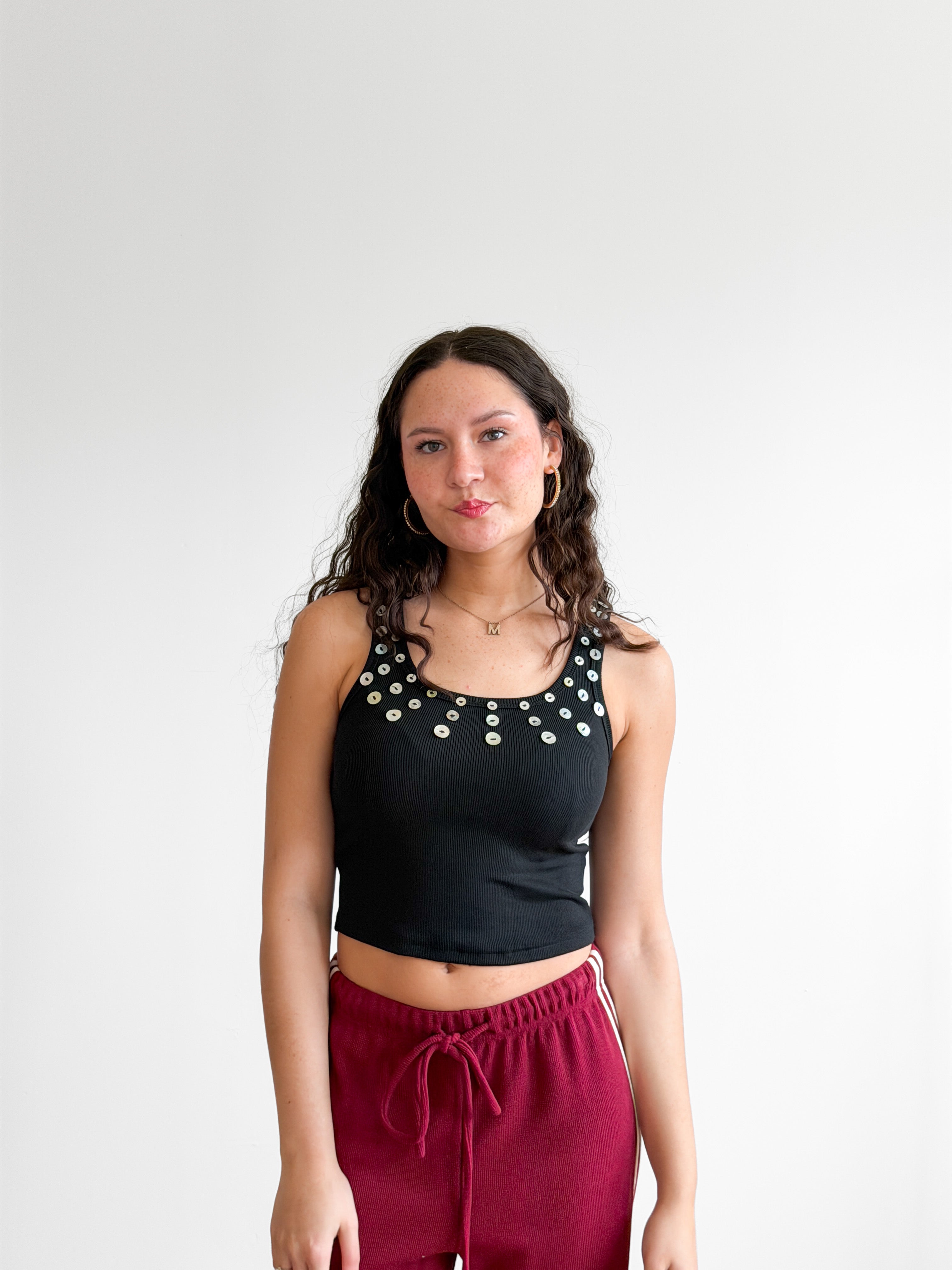 Devin Black Ribbed Knit Button Detail Tank Top