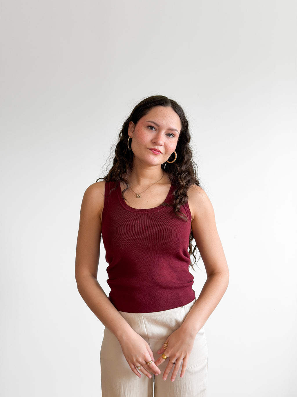 Deborah Burgundy Ribbed Knit Tank Top