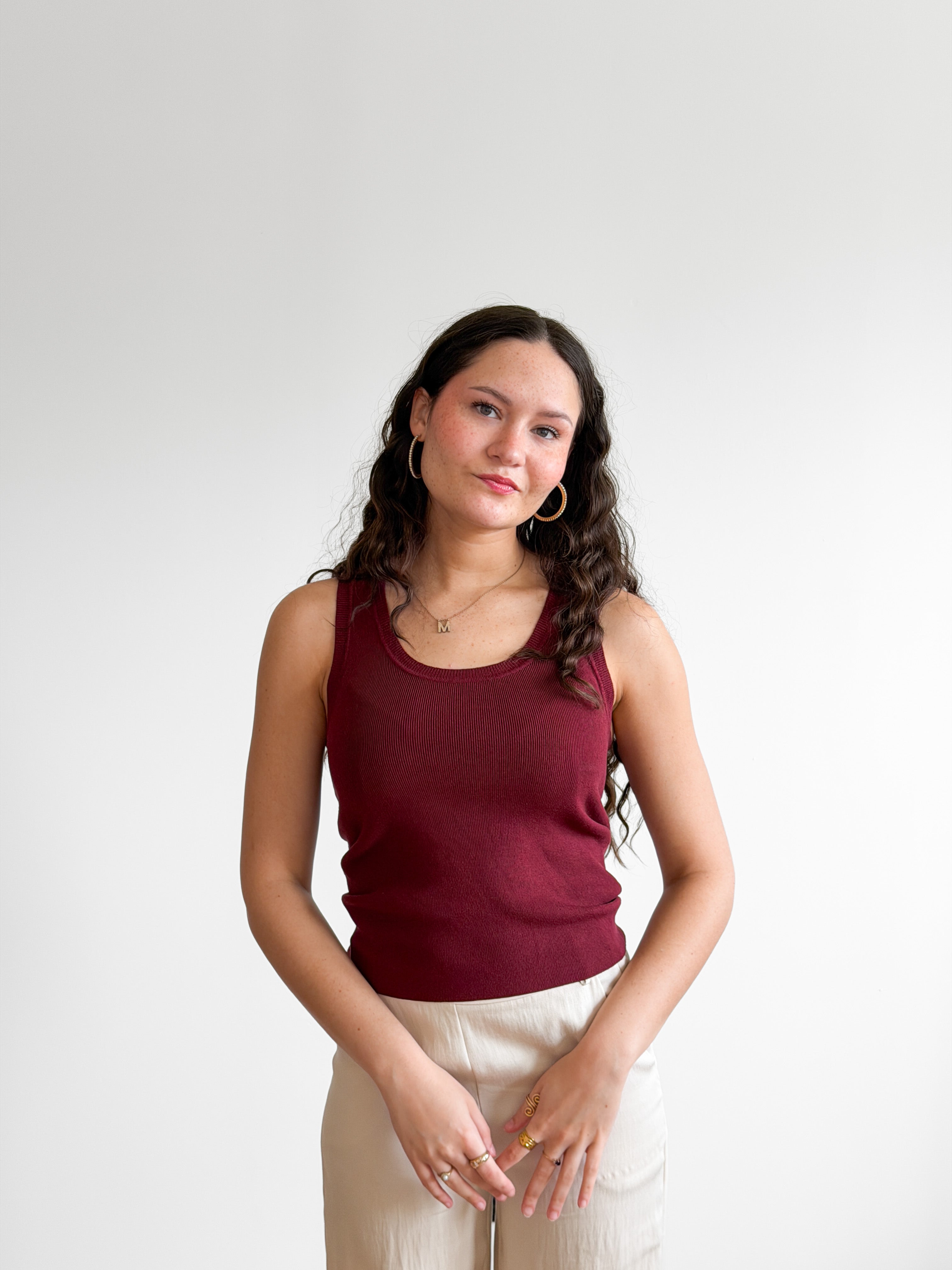 Deborah Burgundy Ribbed Knit Tank Top