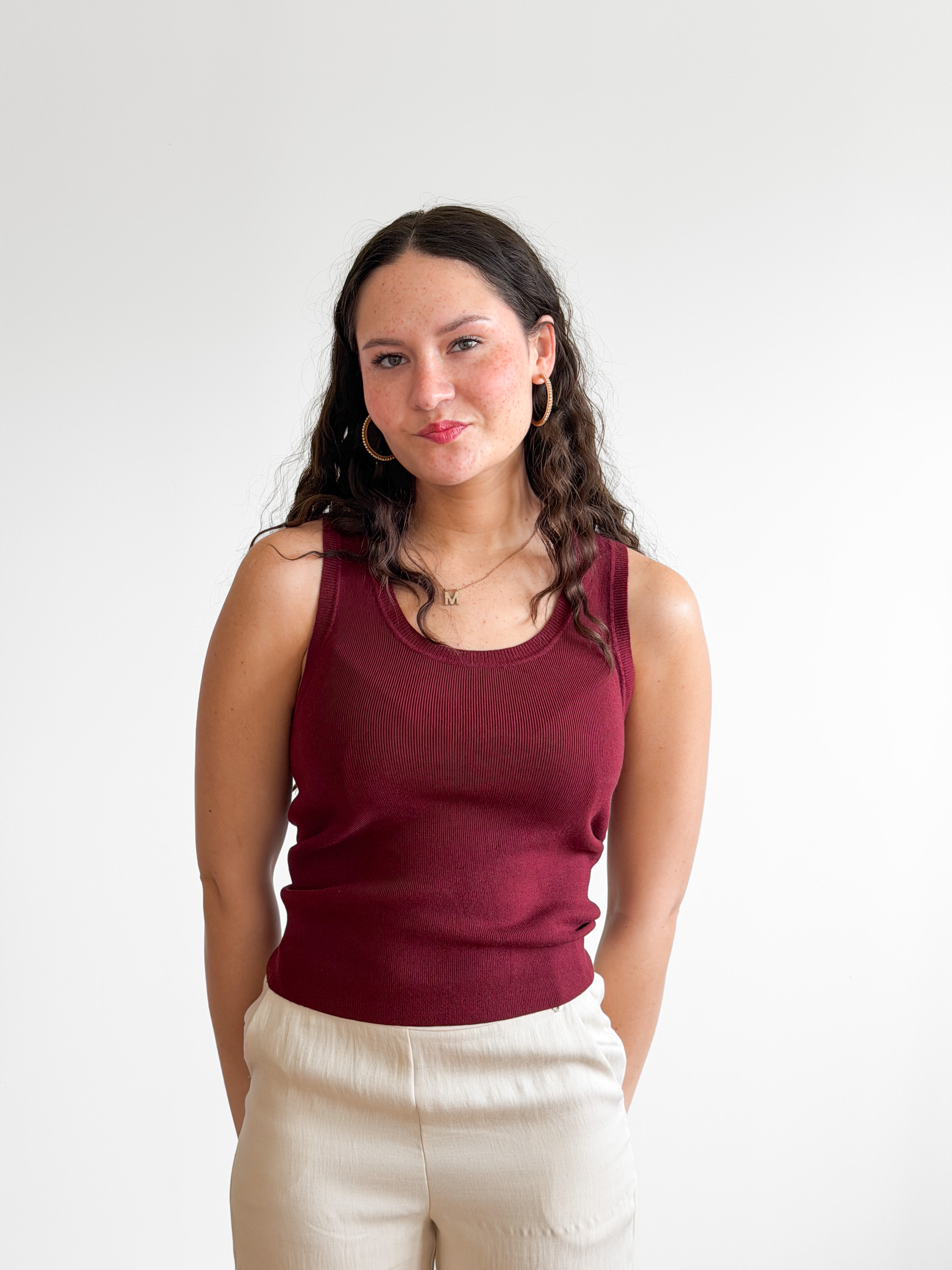 Deborah Burgundy Ribbed Knit Tank Top