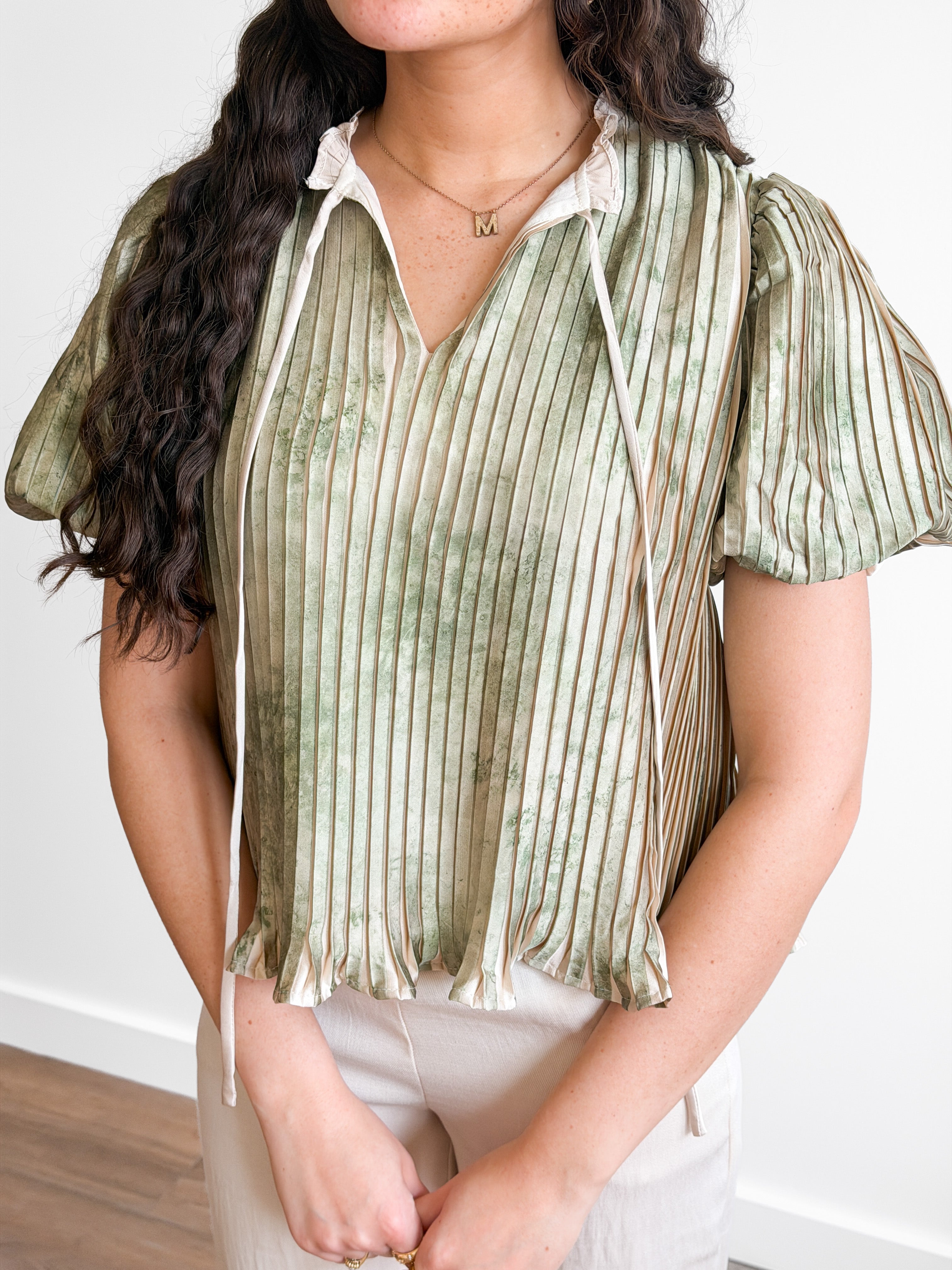 Daphne Green Satin Pleated Puff Sleeve Top