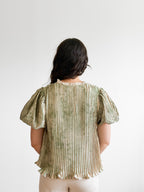 Daphne Green Satin Pleated Puff Sleeve Top