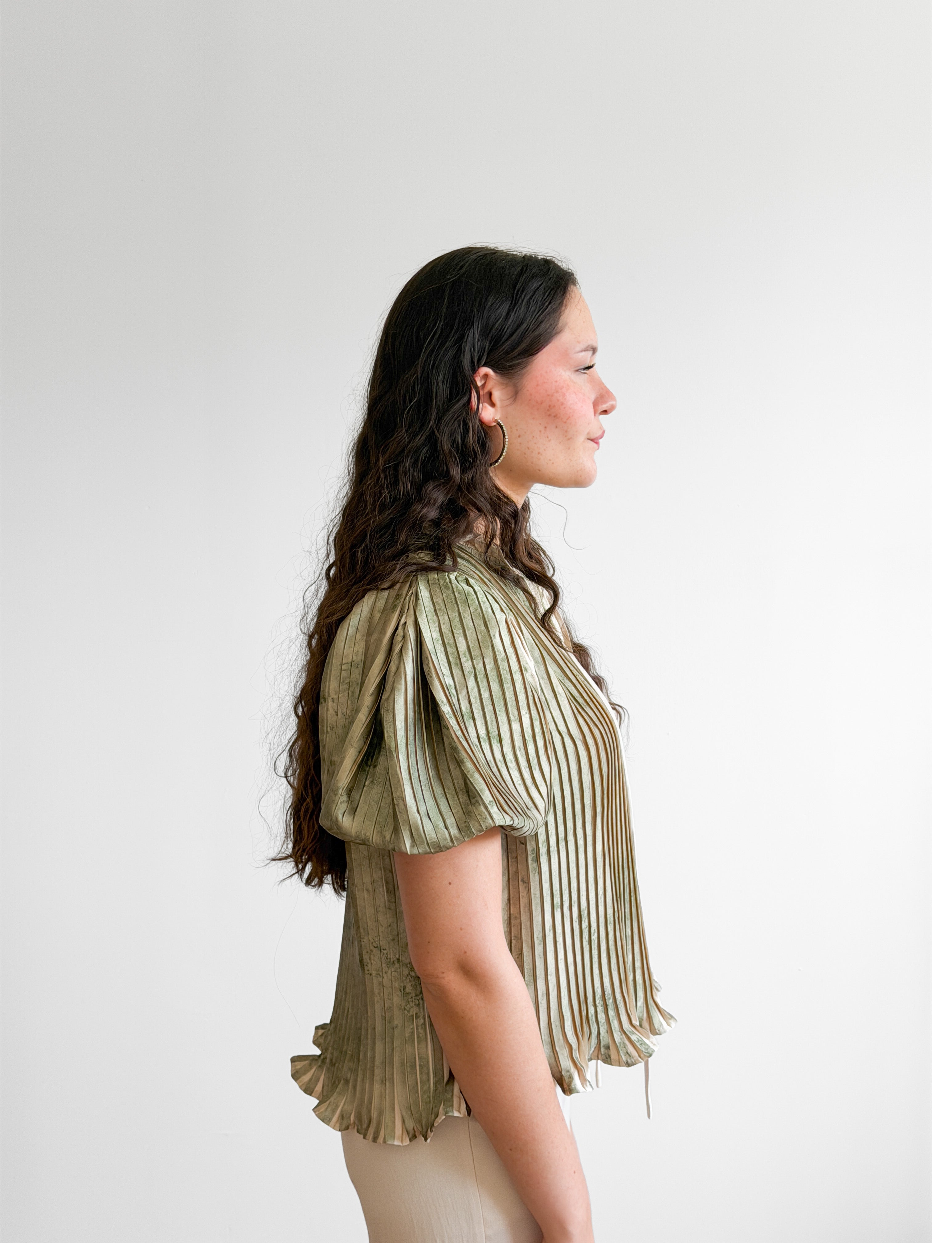 Daphne Green Satin Pleated Puff Sleeve Top