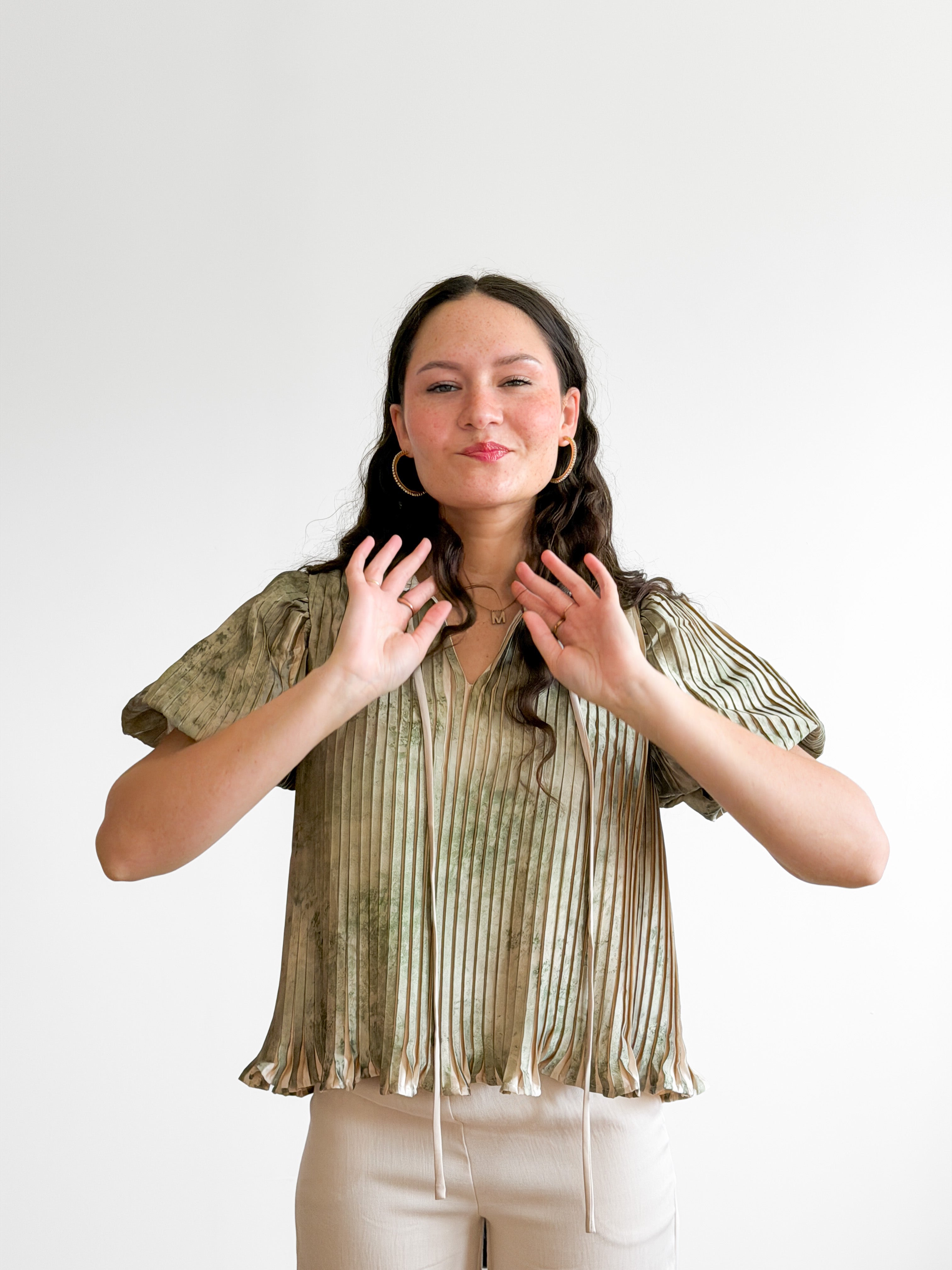 Daphne Green Satin Pleated Puff Sleeve Top