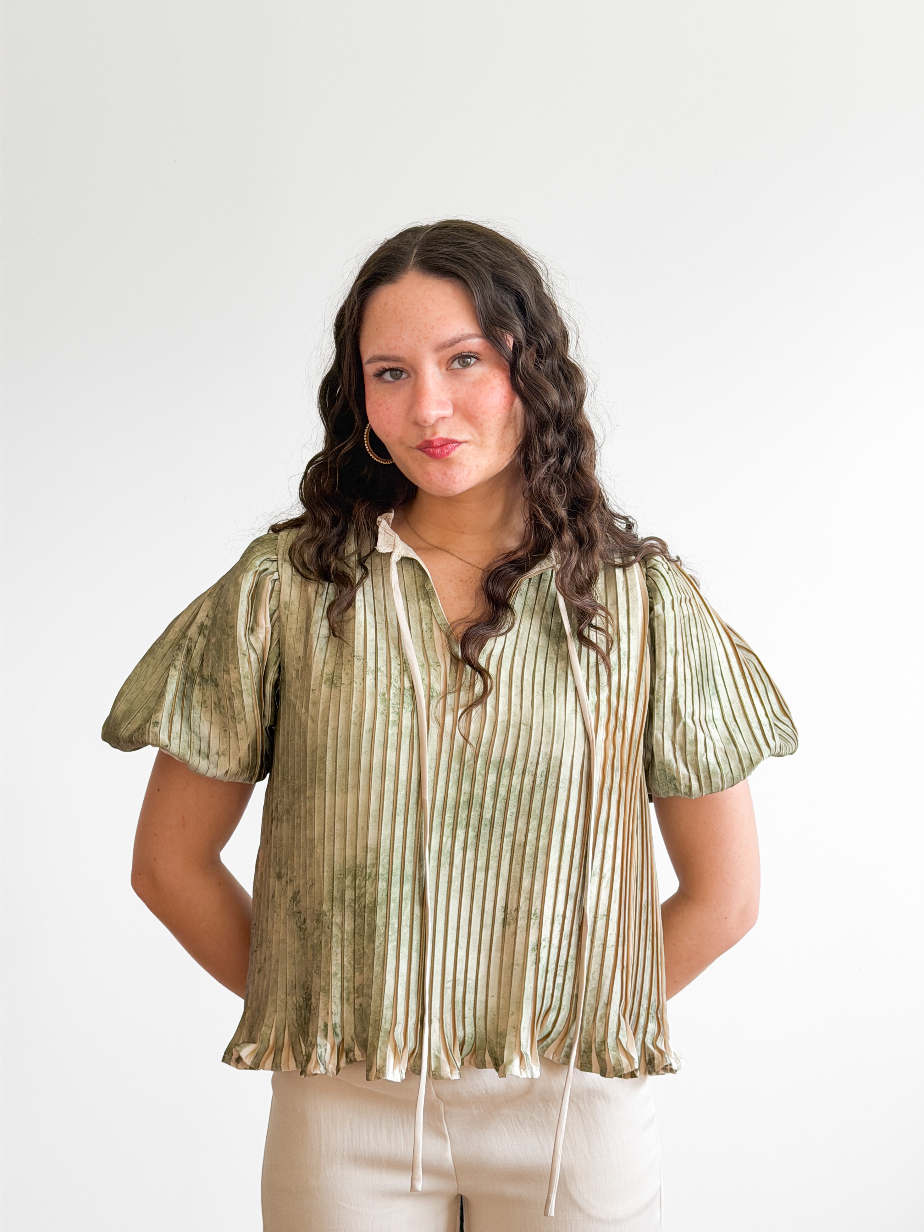 Daphne Green Satin Pleated Puff Sleeve Top