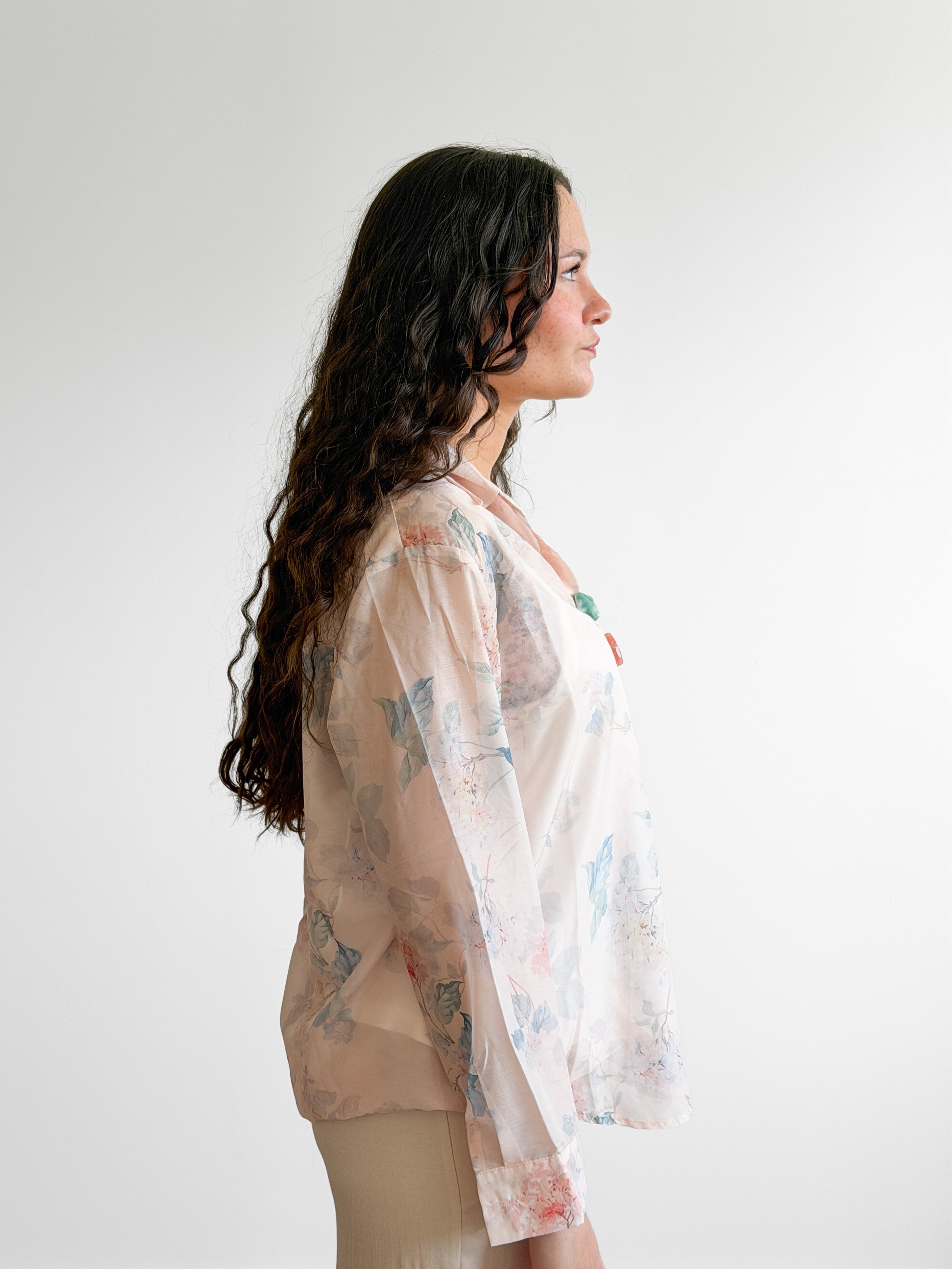 Dottie Beige Floral Print Long Sleeve Beaded Buttoned Top