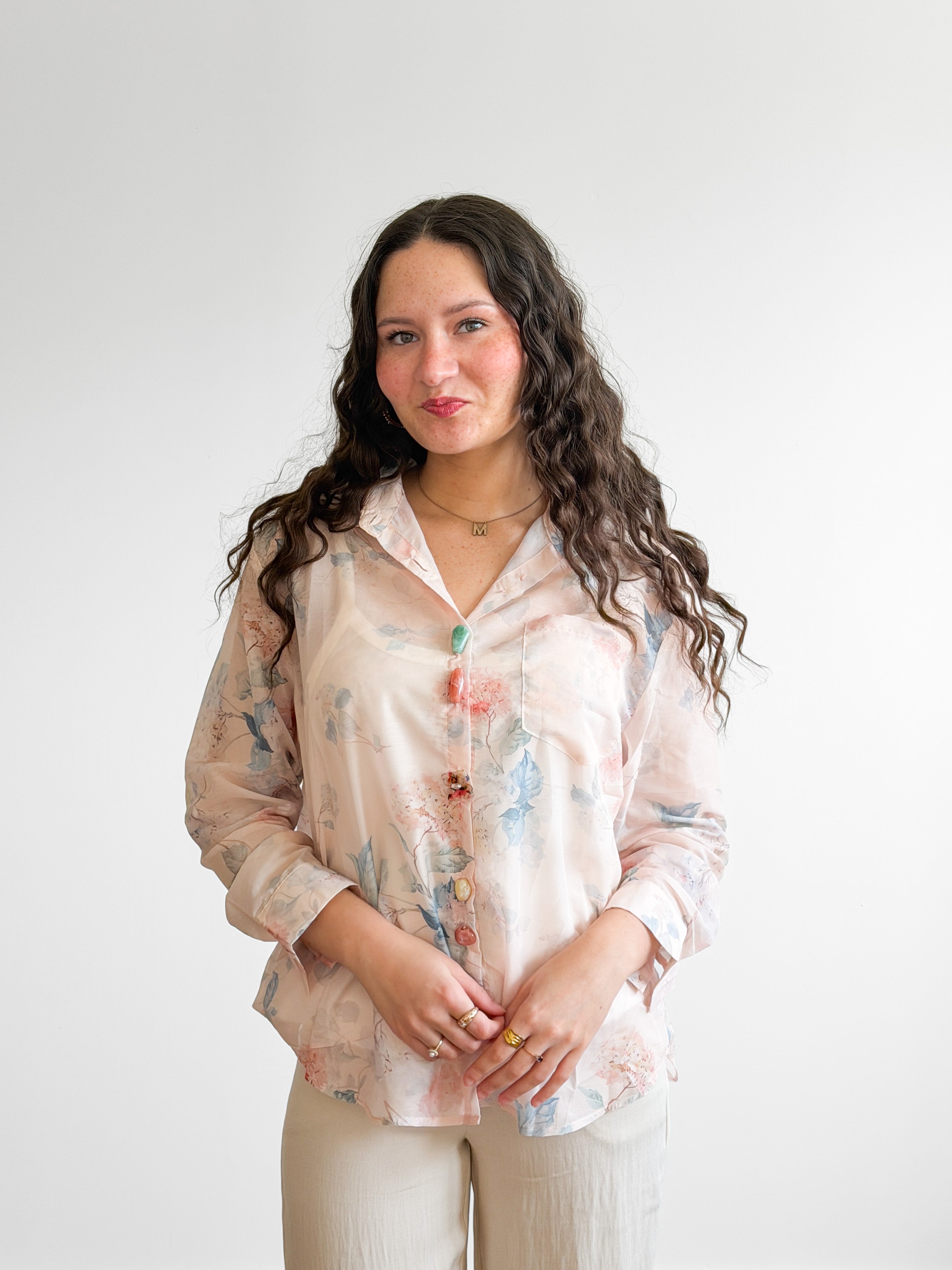 Dottie Beige Floral Print Long Sleeve Beaded Buttoned Top