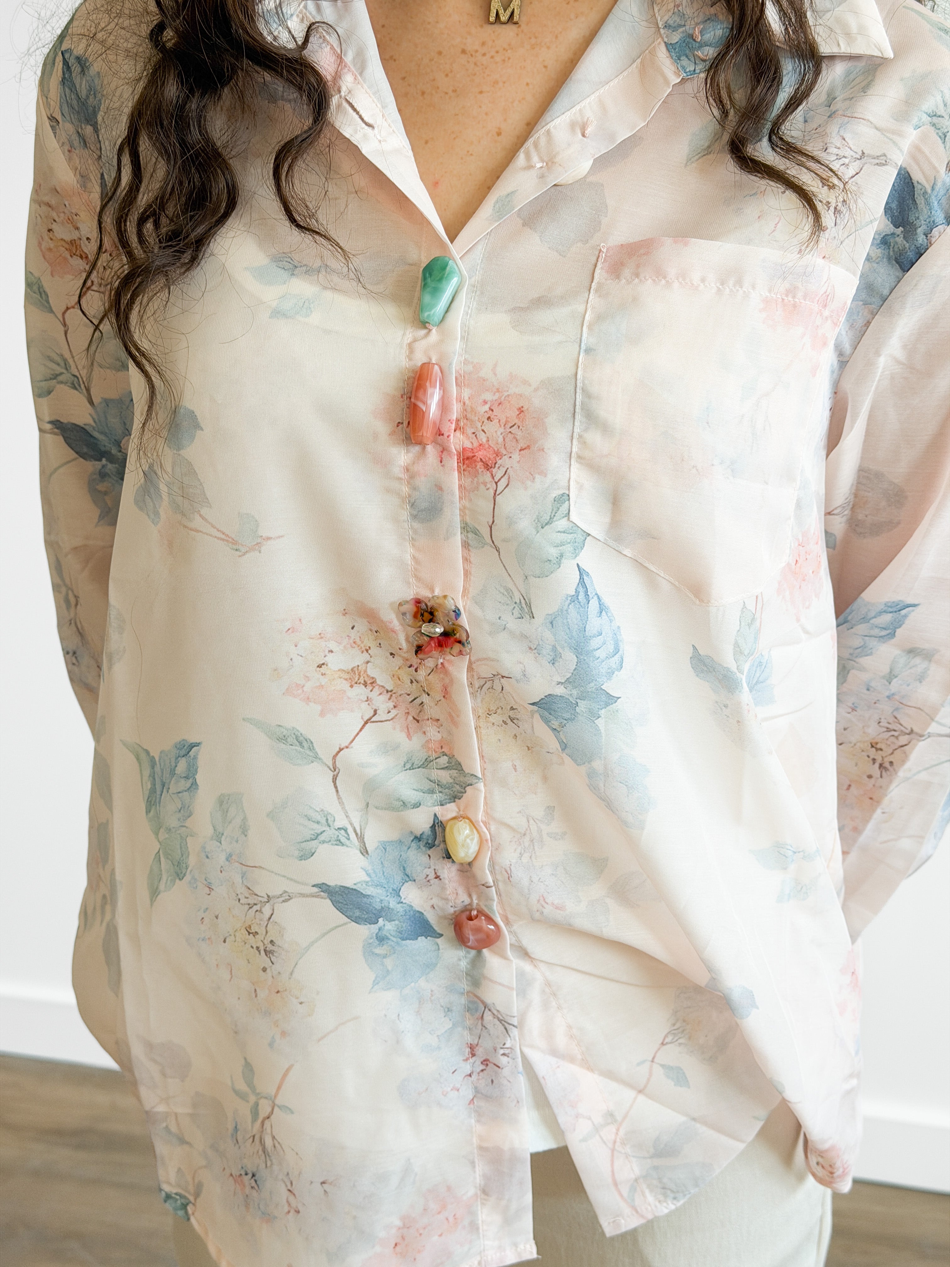 Dottie Beige Floral Print Long Sleeve Beaded Buttoned Top