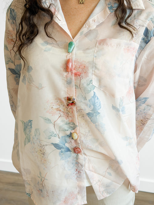 Dottie Beige Floral Print Long Sleeve Beaded Buttoned Top