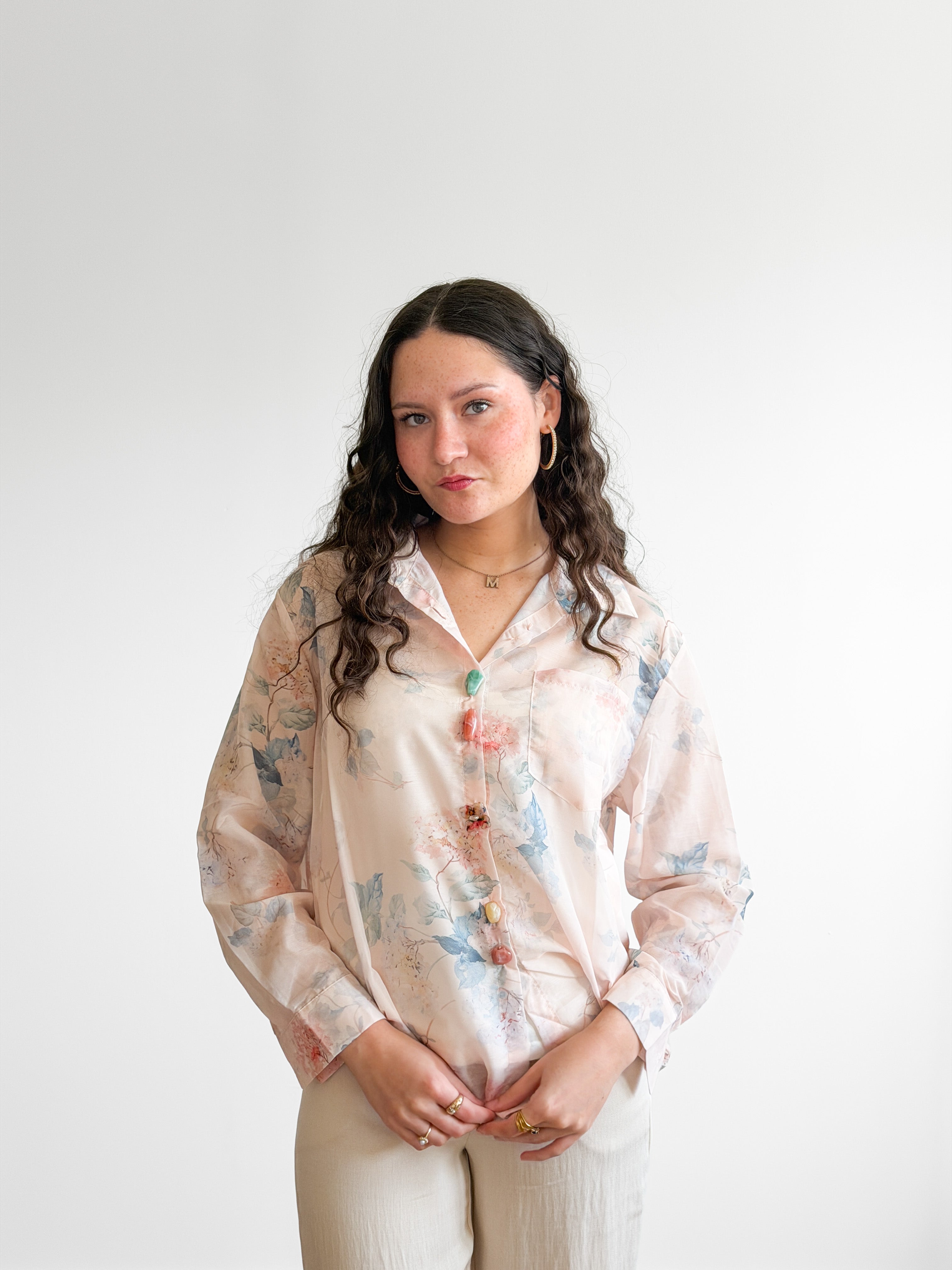 Dottie Beige Floral Print Long Sleeve Beaded Buttoned Top