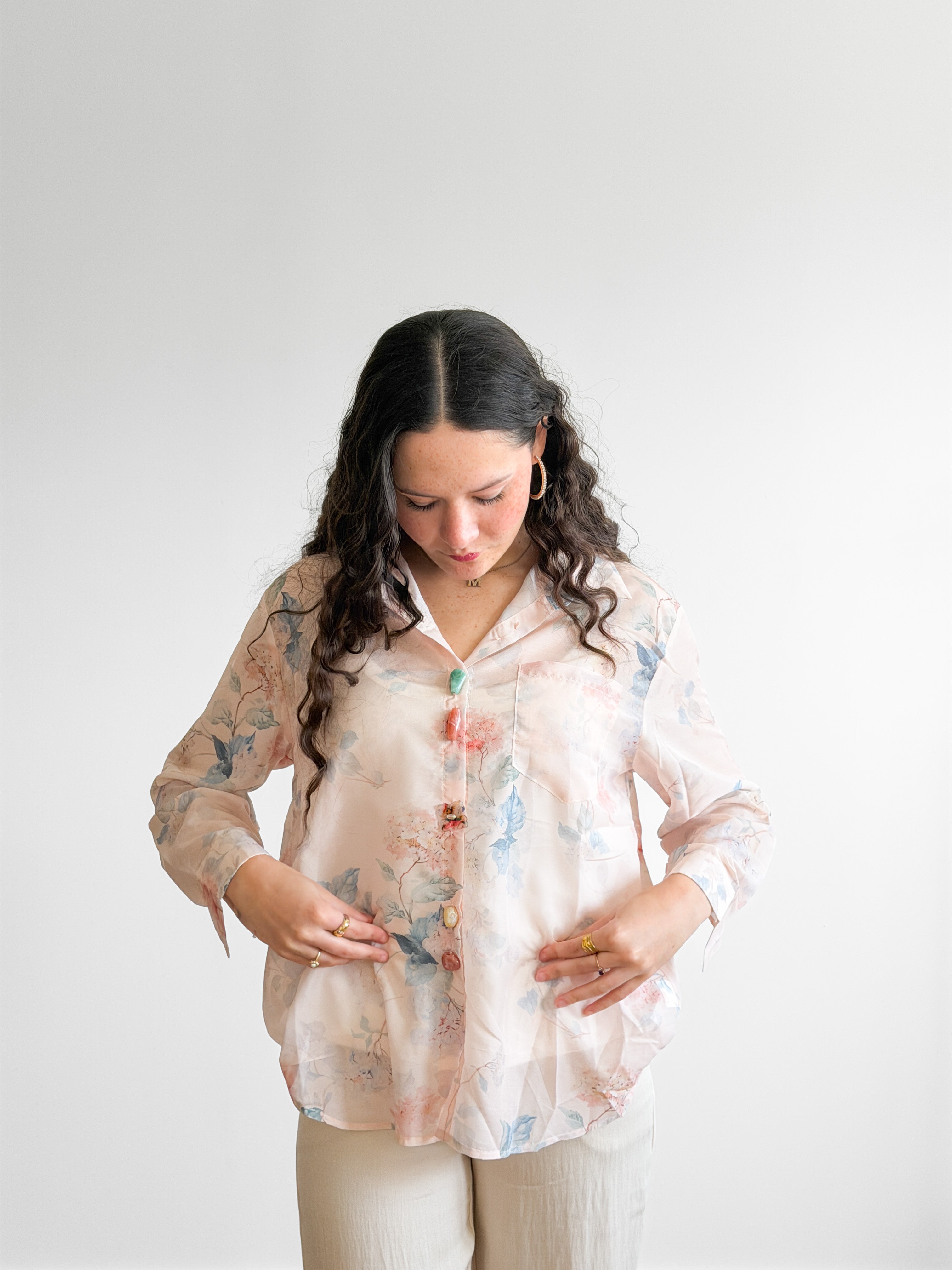 Dottie Beige Floral Print Long Sleeve Beaded Buttoned Top
