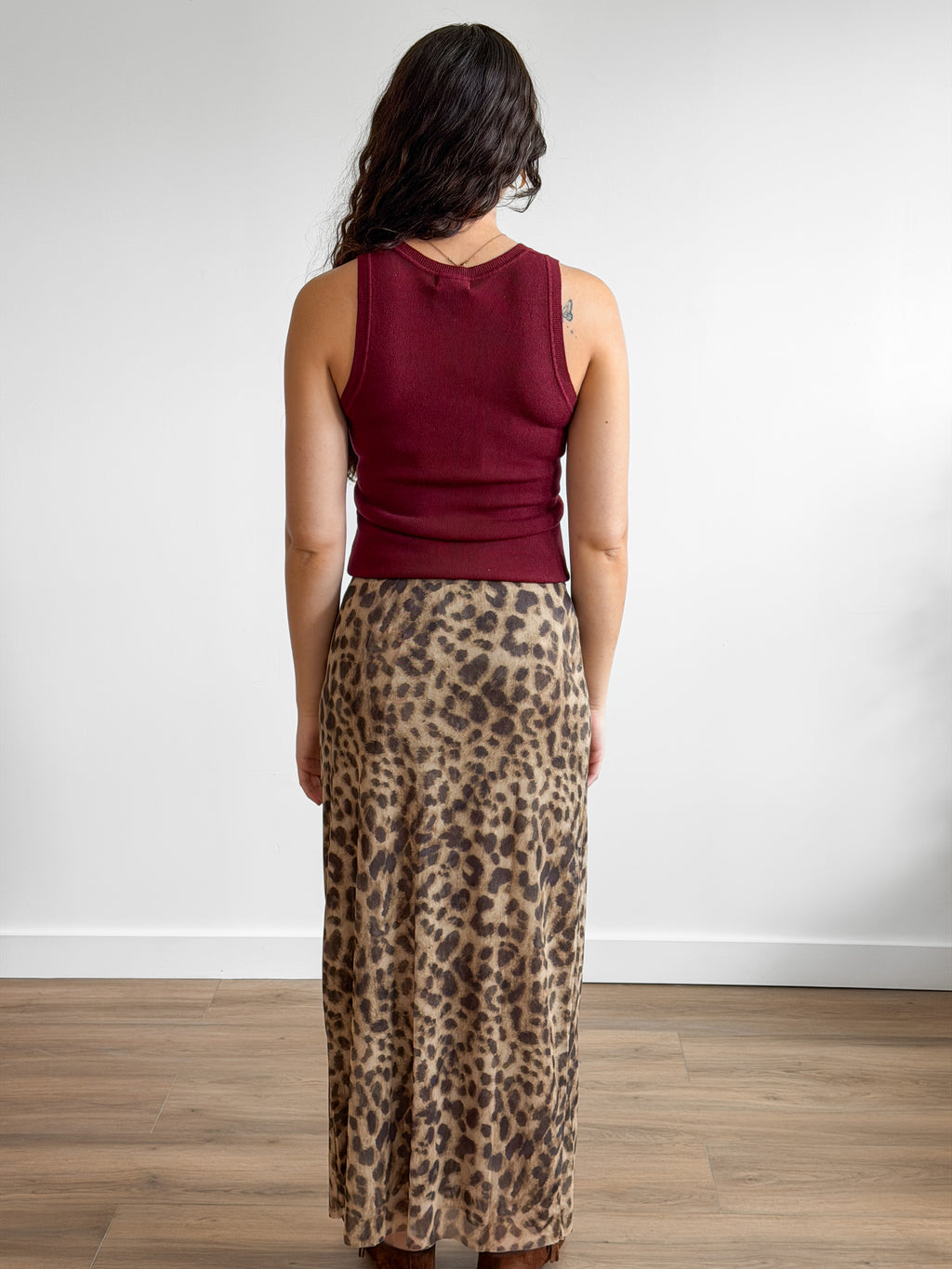Esther Sheer Mesh Leopard Print Midi Skirt