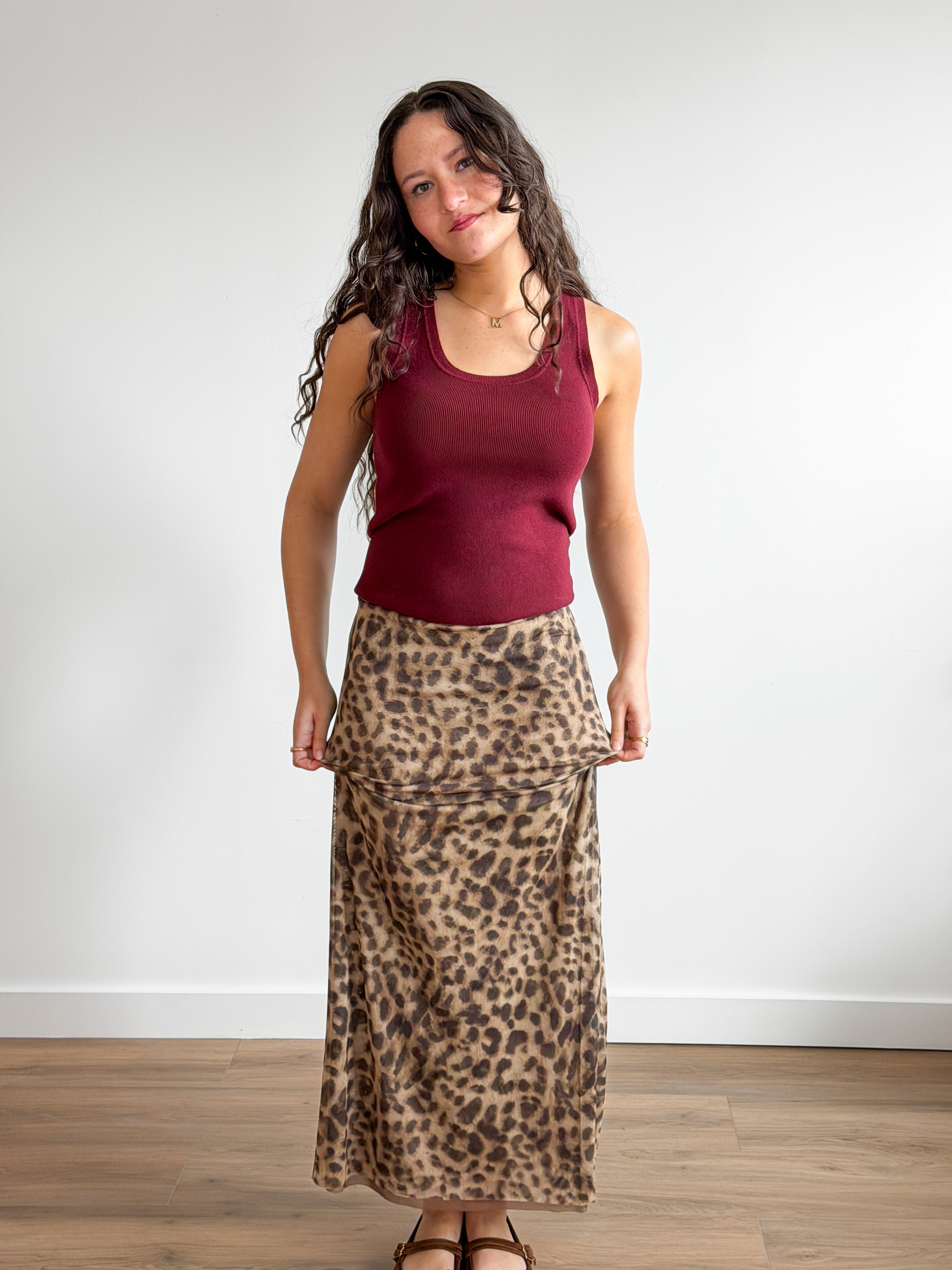 Esther Sheer Mesh Leopard Print Midi Skirt