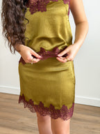 Lucy Paris Roxy Green and Burgundy Lace Hem Mini Skirt