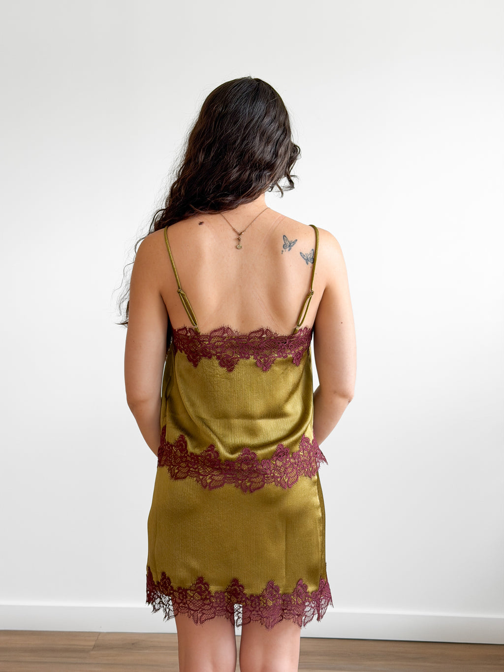 Lucy Paris Roxy Green and Burgundy Lace Hem Cami Top