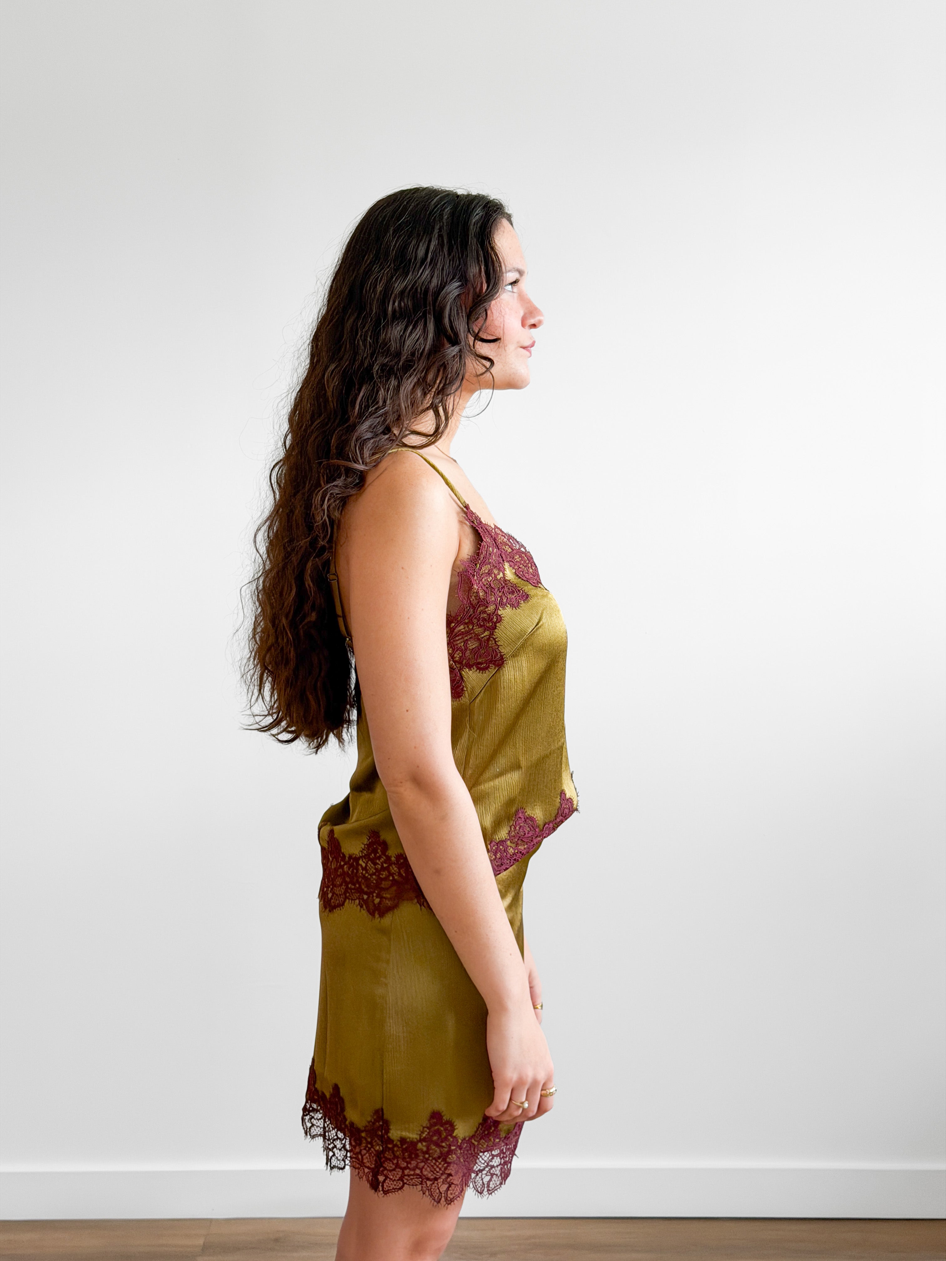 Lucy Paris Roxy Green and Burgundy Lace Hem Cami Top