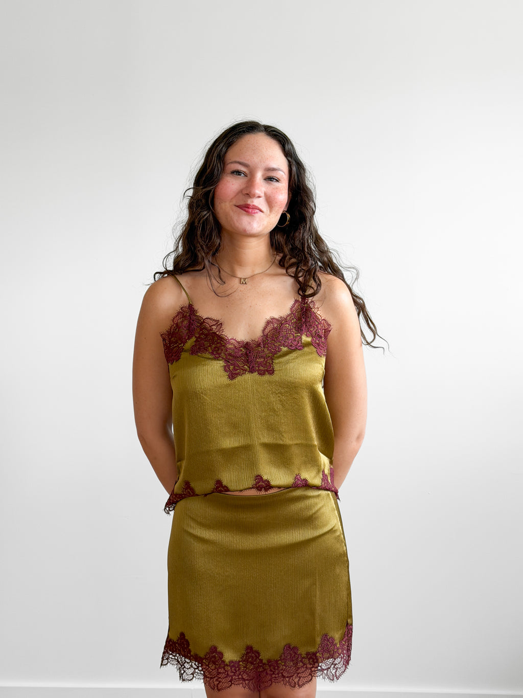Lucy Paris Roxy Green and Burgundy Lace Hem Mini Skirt