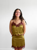 Lucy Paris Roxy Green and Burgundy Lace Hem Mini Skirt