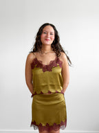 Lucy Paris Roxy Green and Burgundy Lace Hem Mini Skirt