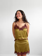 Lucy Paris Roxy Green and Burgundy Lace Hem Mini Skirt