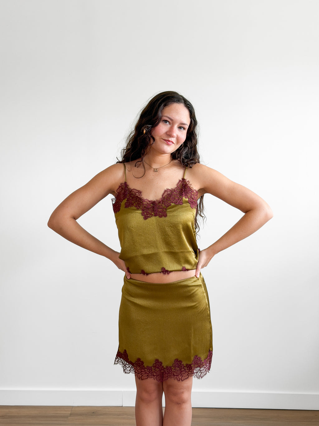Lucy Paris Roxy Green and Burgundy Lace Hem Mini Skirt