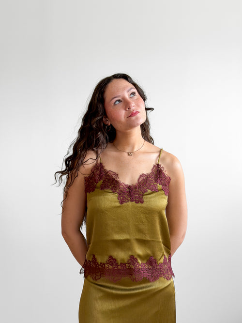 Lucy Paris Roxy Green and Burgundy Lace Hem Cami Top