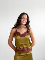 Lucy Paris Roxy Green and Burgundy Lace Hem Cami Top