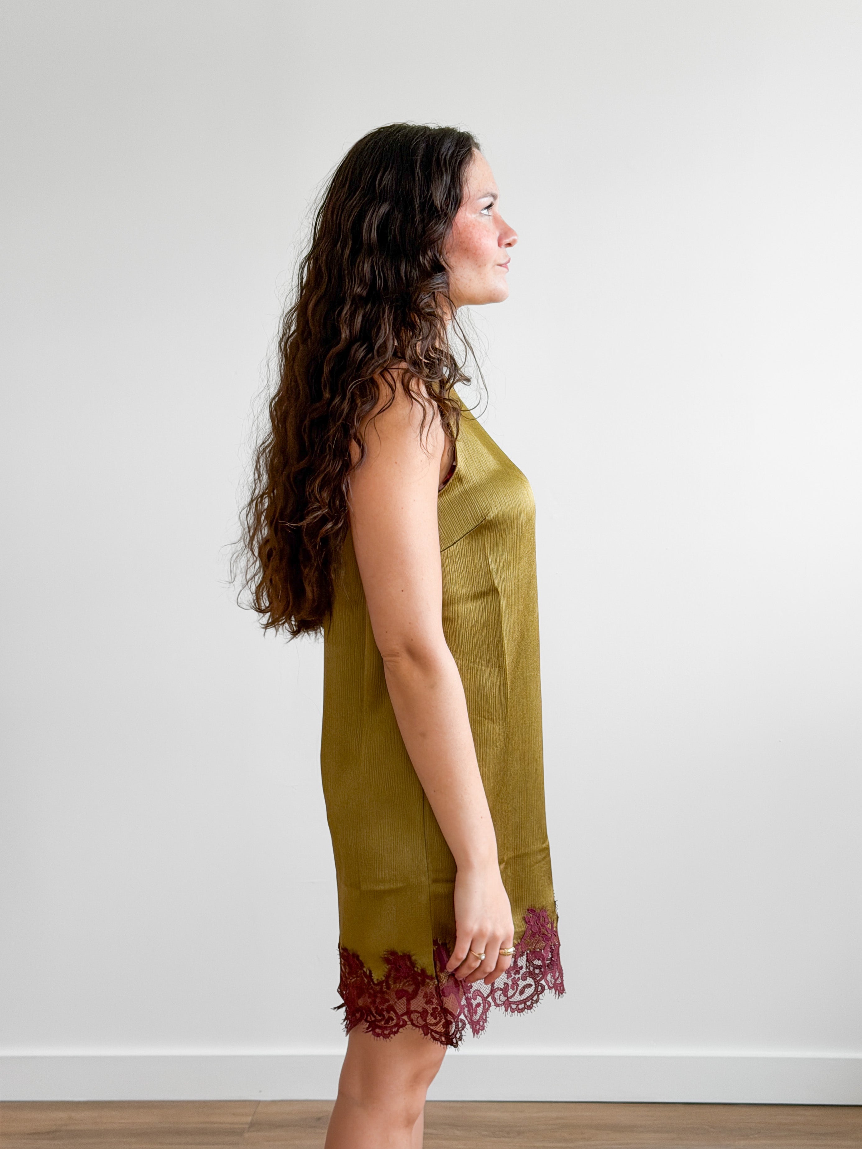 Lucy Paris Roxy Green and Burgundy Lace Hem Mini Dress