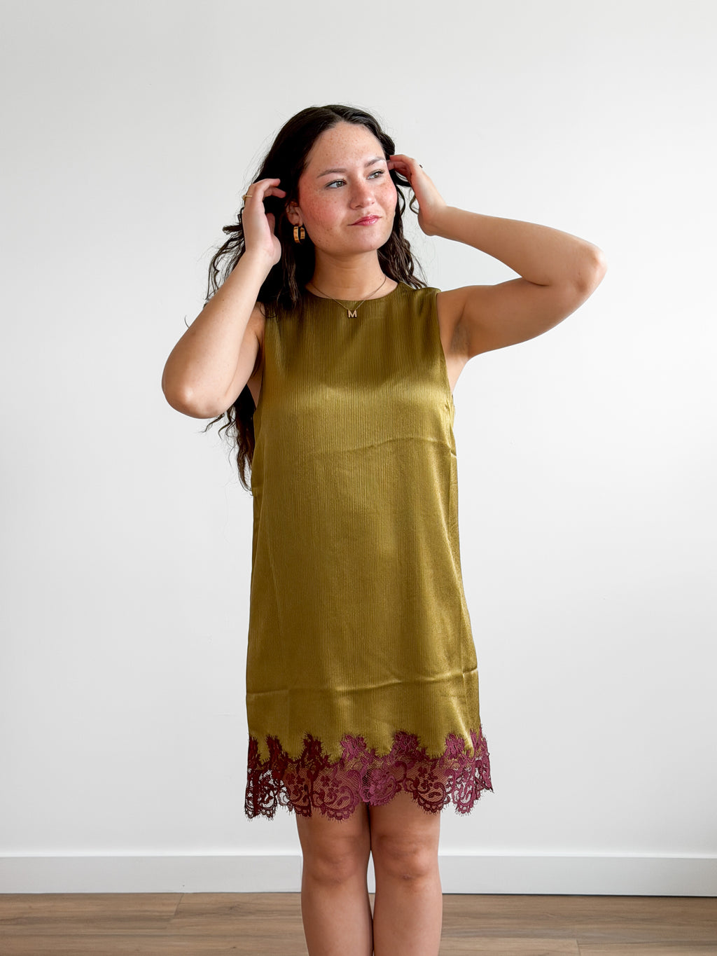 Lucy Paris Roxy Green and Burgundy Lace Hem Mini Dress