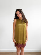 Lucy Paris Roxy Green and Burgundy Lace Hem Mini Dress
