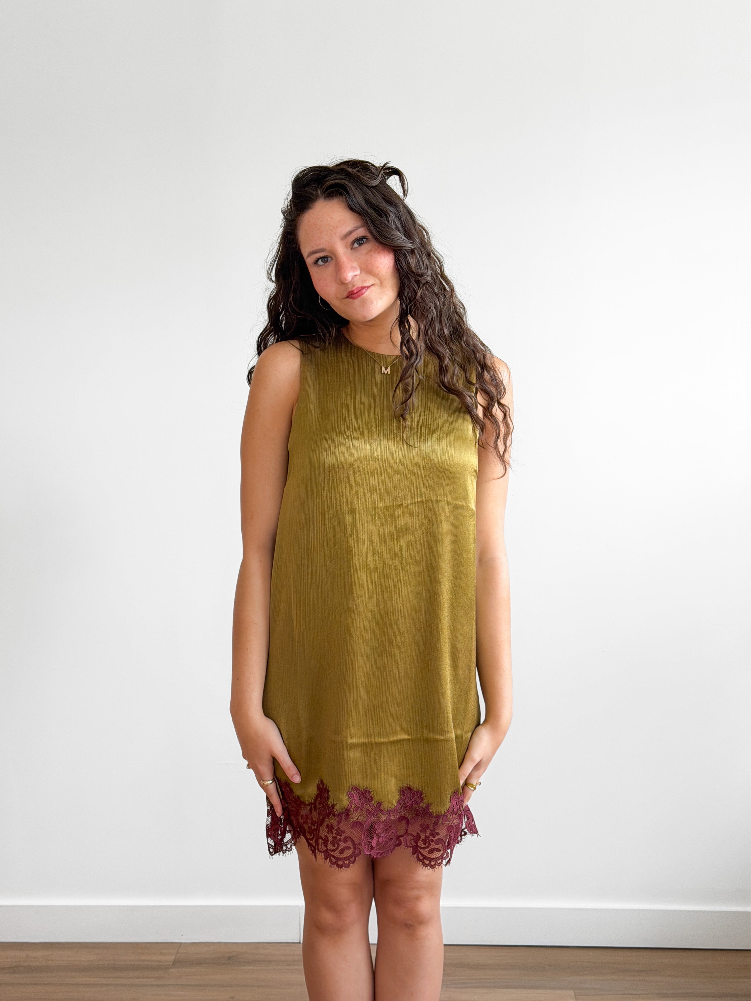 Lucy Paris Roxy Green and Burgundy Lace Hem Mini Dress