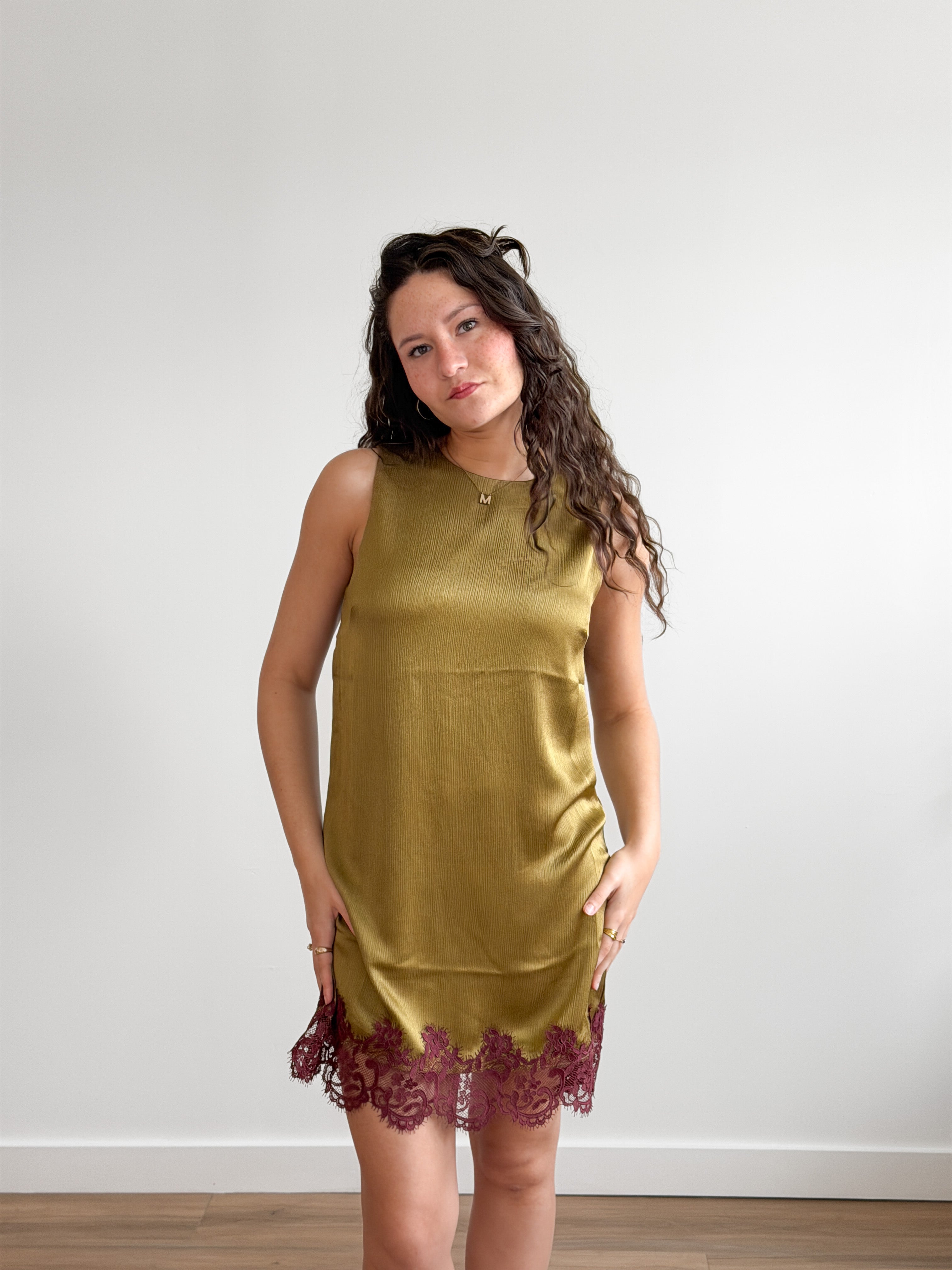 Lucy Paris Roxy Green and Burgundy Lace Hem Mini Dress