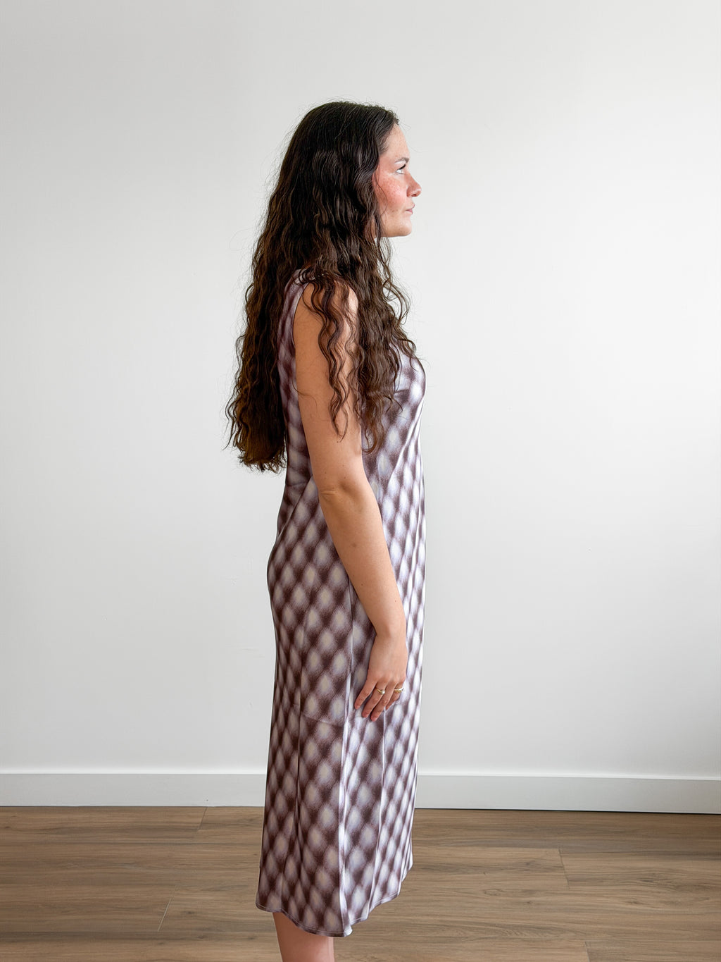 Lucy Paris Meiline Lavender Print Satin Tank Midi Dress