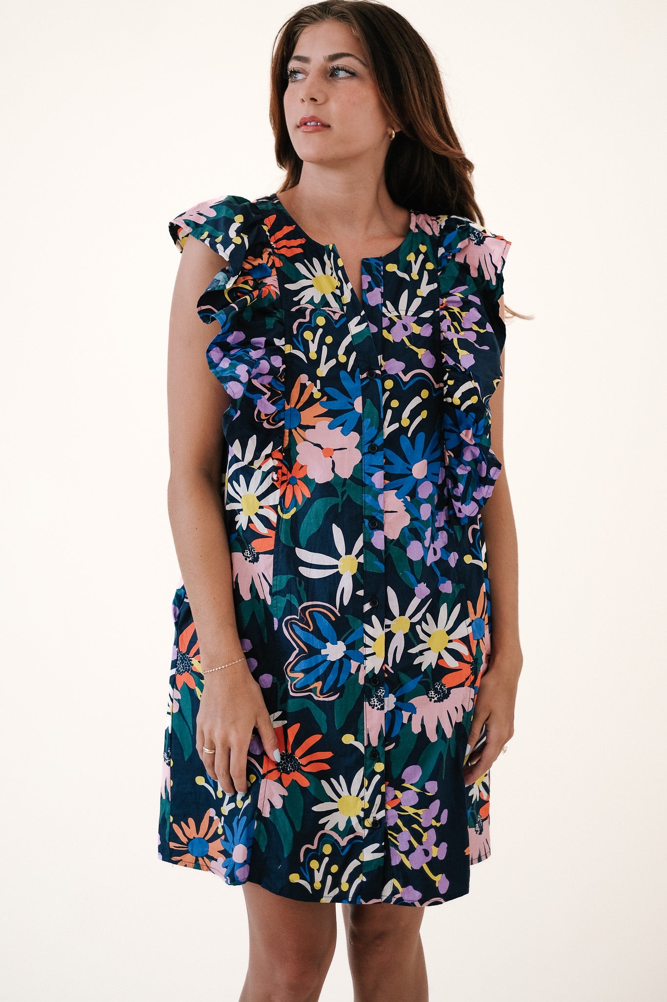 Faith Navy Floral Print Flutter Sleeve Mini Dress (S)