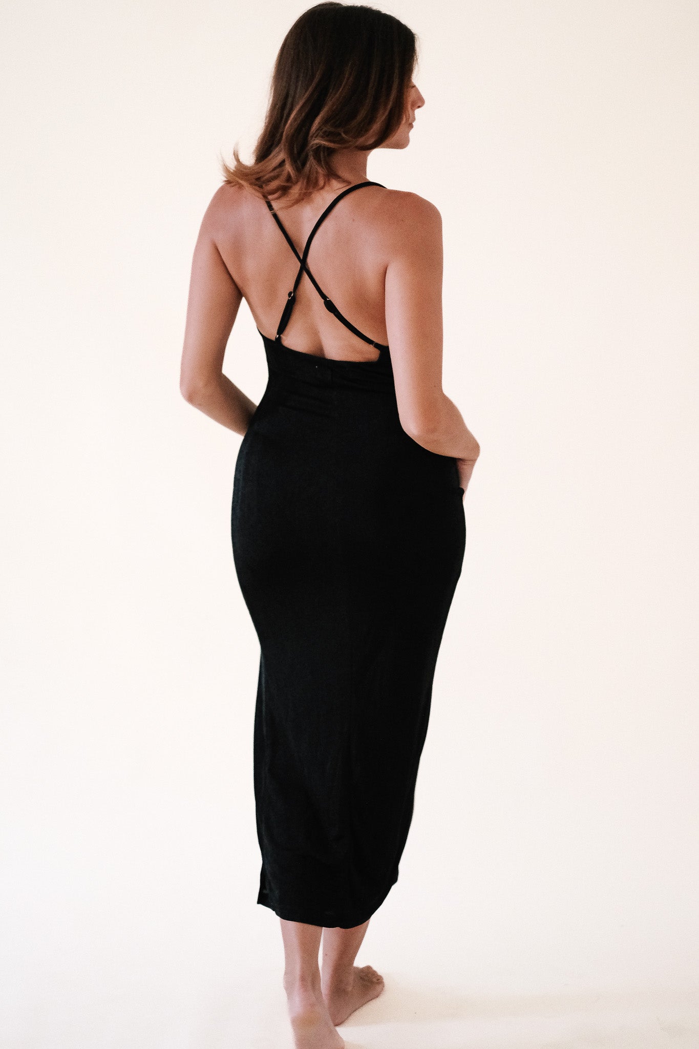 Athena Black Shimmery Cowl Neck High Slit Maxi Dress