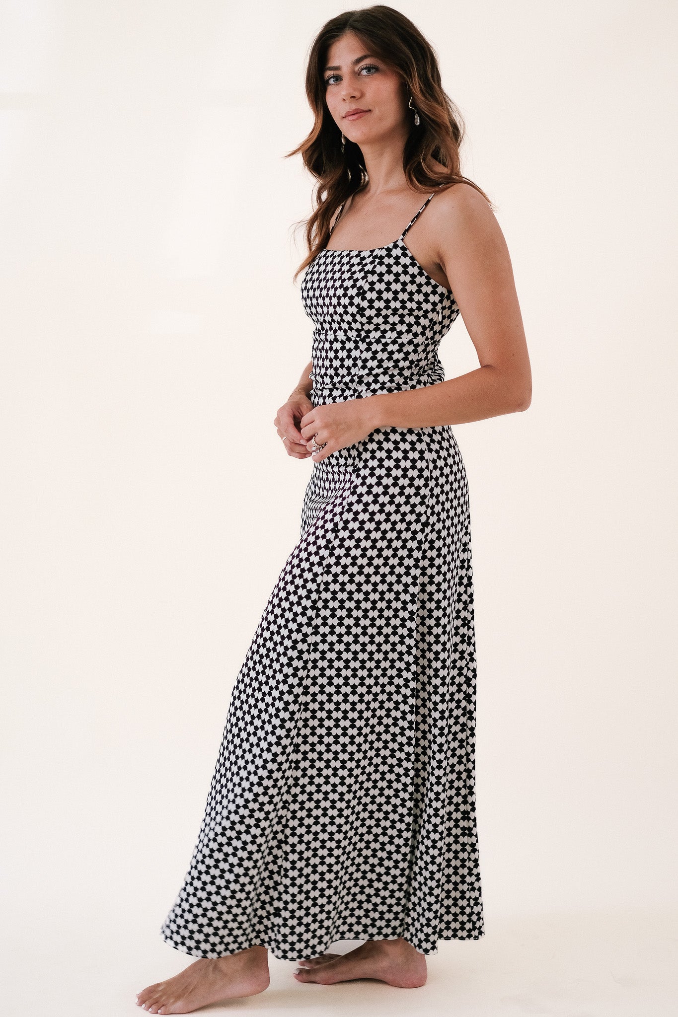 Lucy Paris Claflin Black and White Patterned Sleeveless Maxi Dress