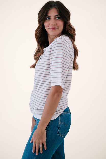 Things Between Ingrid Striped Knit Polo Top (Taupe)