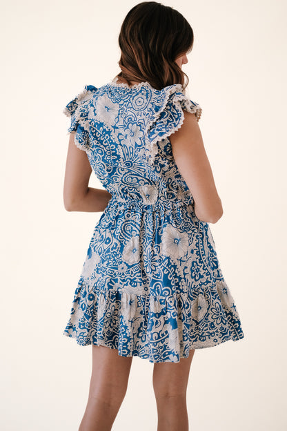 PINCH Julianna Floral Lace Flutter Sleeve Mini Dress (Blue)