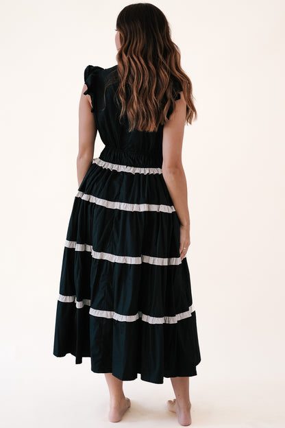 Aureum Josephine Black Contrast Stitch Tiered Midi Dress