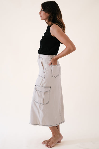 Miou Muse Jaz Cream Contrast Stich Denim Cargo Midi Skirt