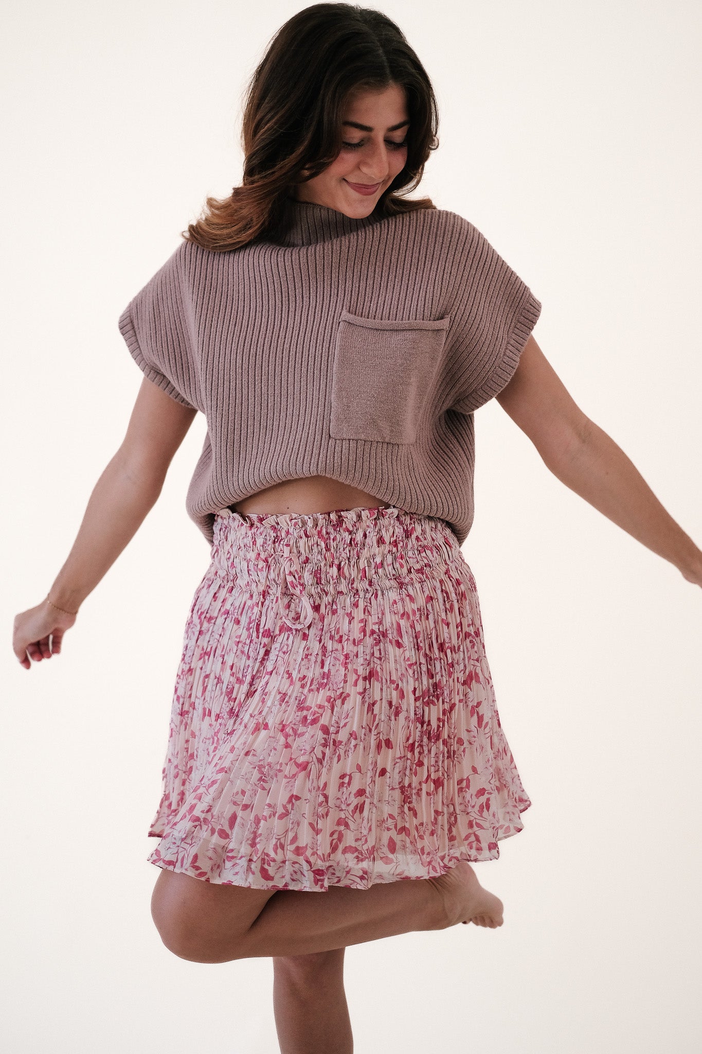 Lucy Paris Lucia Satin Pleated Mini Skirt (Floral)