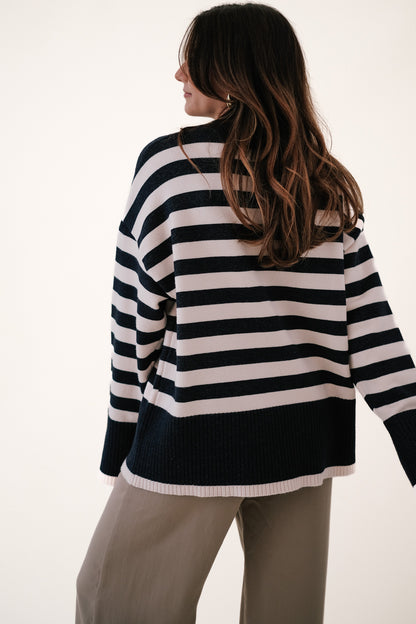 Leona Navy Striped Ribbed Hem Sweater