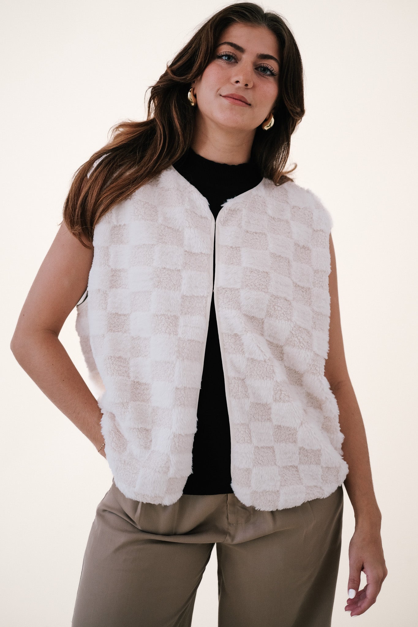 Things Between Lyla Ivory Fuzzy Checkered Vest