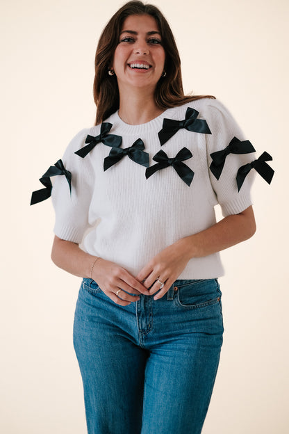 Milan Bow Detail Cropped Puff Sleeve Sweater