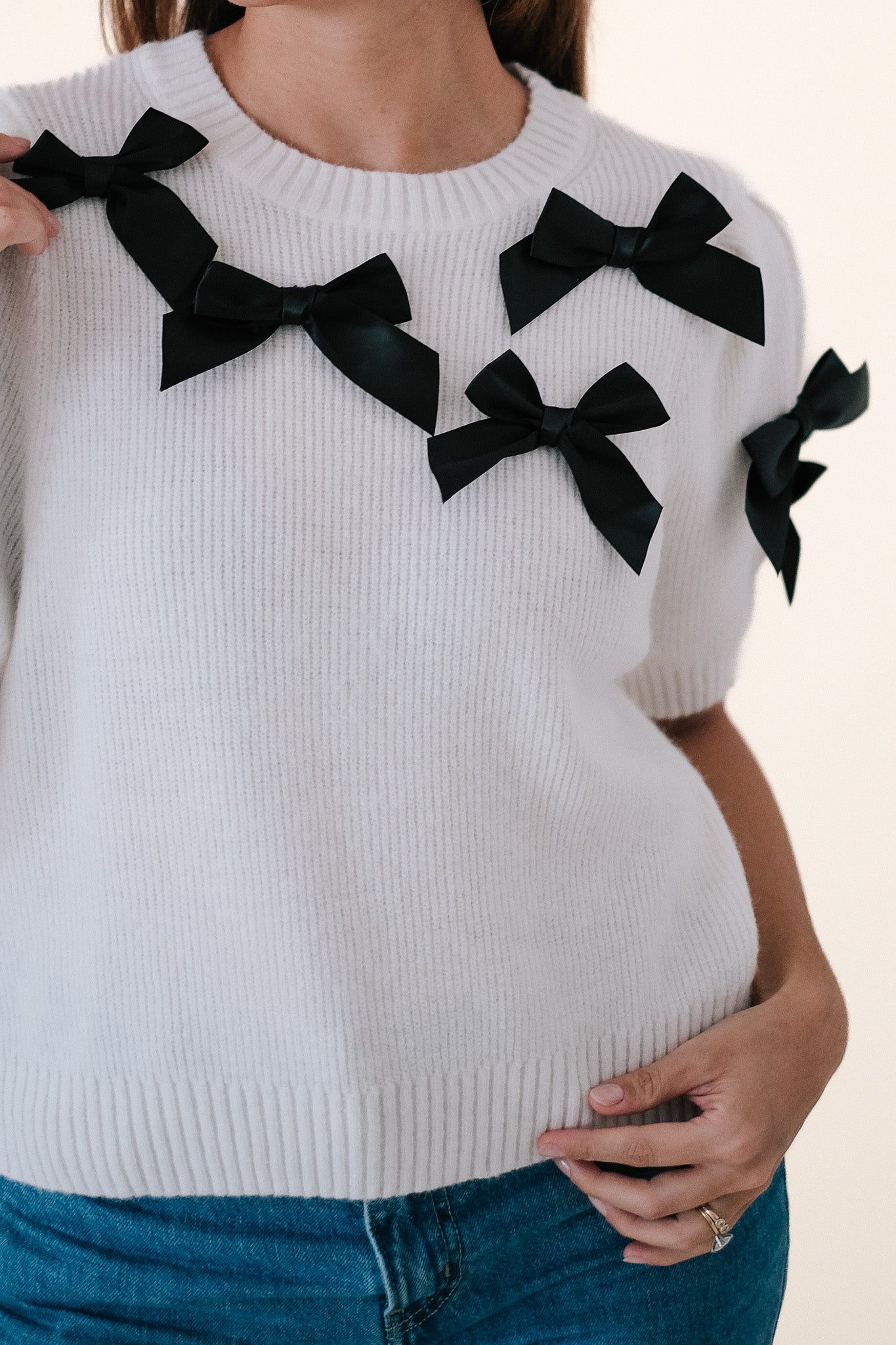 Milan Bow Detail Cropped Puff Sleeve Sweater