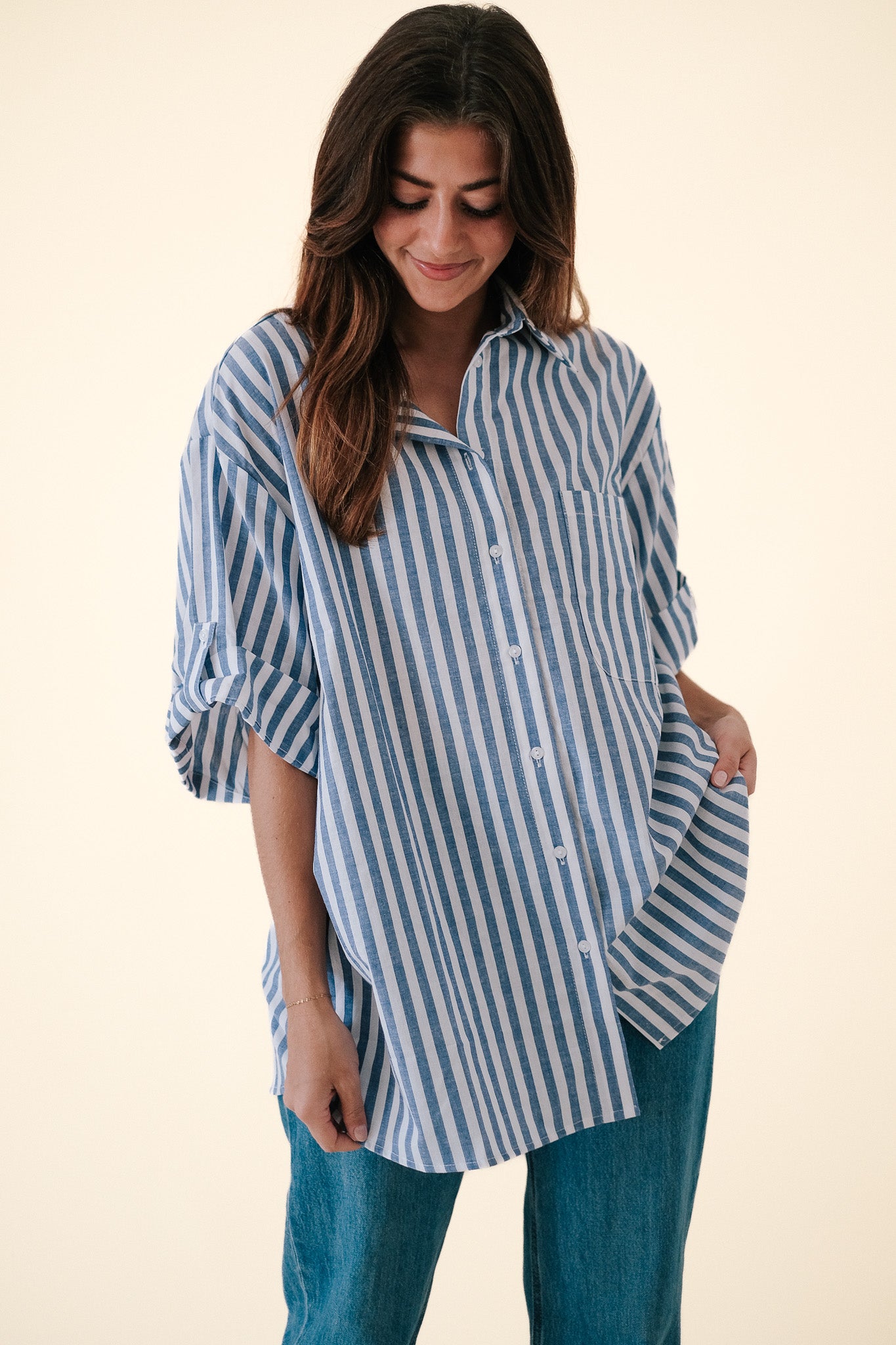 By Together Mia Blue Stripe Short Sleeve Buttoned Top