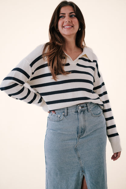 Bailey Rose Maria Cream and Navy Stripe Collared Sweater