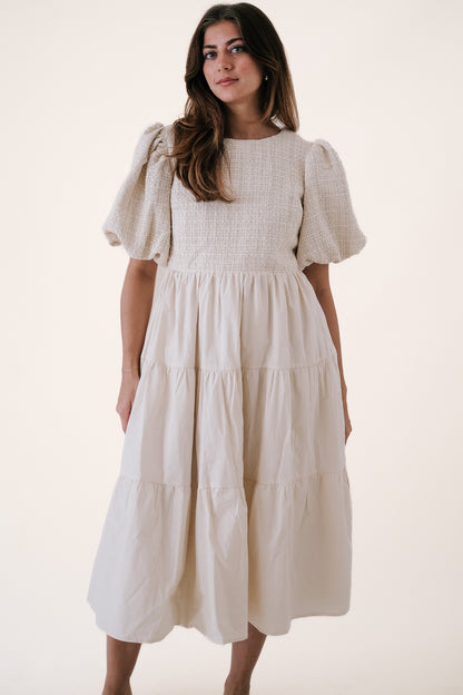 Aureum Maggie Beige Tweed Contrast Midi Dress