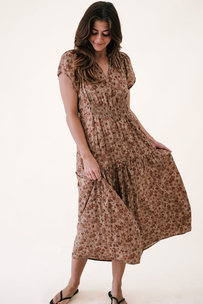 Molly Rust Floral Print Shirred Midi Dress